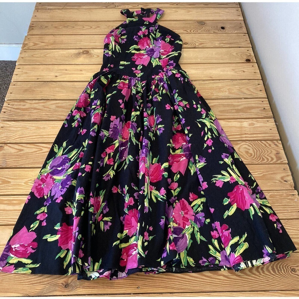Vintage Geary Roark Kamisato Floral Halter Dress Size 6 Women’s Black Pink